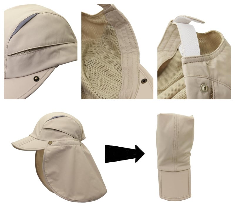 LLmoway Men Outdoor UPF50+ Mesh Sun Cap UV Protection Fishing Hat Safari Cap with Neck Flap Khaki - Image 5